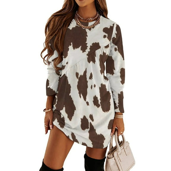 Brown Cowhide Leather Loose Dress Evening Dress Summer Dresses for Women Luxury Dress Long Sleeved Dress