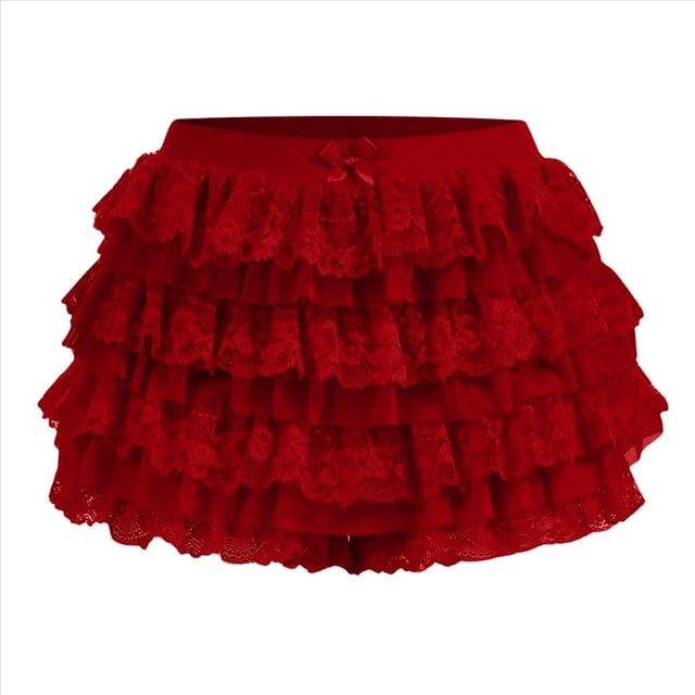Pantalones Bombachos de Encaje Multicapa Y2K para Mujer, Pantalones Cortos con Volantes, Pantalones Cortos de Calabaza, Enaguas Dulces con Cintura Elástica. Vino Tinto L