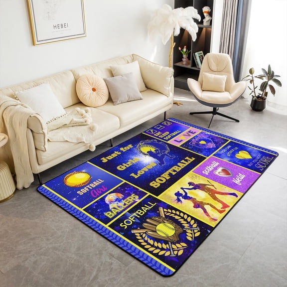 Erosebridal Teens Sports Living Room Carpet 4'11" x 3'3", Softball Print Bedroom Decor, Non Slip