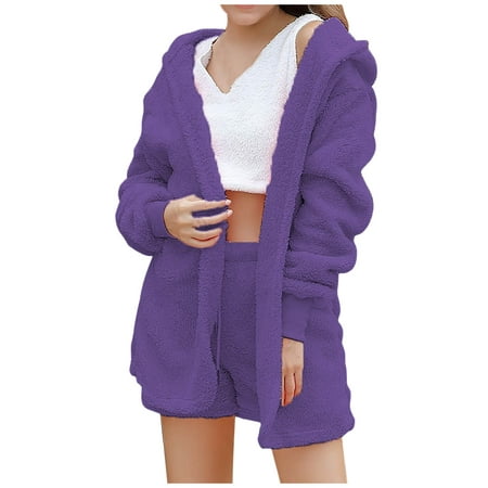 

Women s Fuzzy Fleece 3 Piece Sets Pajamas Outfits Warm Soft Hooded Cardigan Jacket Coat and Crop Top Shorts Set Ladies Clothes