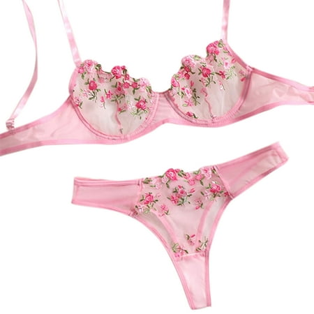 

YXGla 2 Pcs/Set Women Bra Briefs Set Elastic Refreshing Sexy Hollow Out Quick Dry Sweet See-through Mesh Flower Embroidery Decor Underwear Briefs Set for Daily Wear
