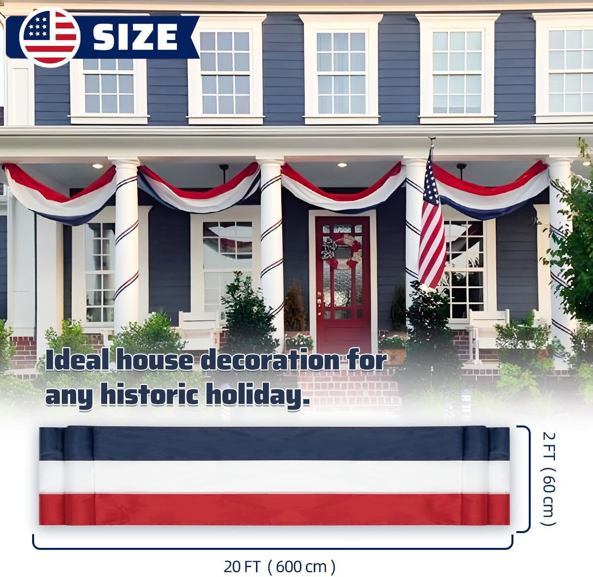 Tivamiko 1pcs 2x20ft Patriotic Bunting Flags: Red,White&Blue Outdoor Decor Banner for 4th of July, Garden, Porch