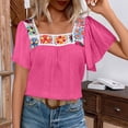 thumbnail image 2 of DeHolifer Womens Summer Boho Floral Crochet Ruffle Short Sleeve Shirts Hollow Out Square Neck Tops Dressy Casual Blouse Hot Pink XL, 2 of 8