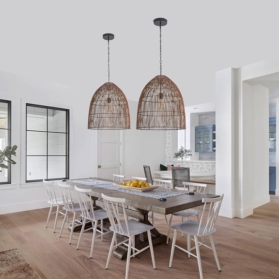Arturesthome Rattan Pendant Lighting Fixture, Modern Farmhouse Rattan Dome Kitchen Island Pendant Light for Dining Room Living Room Hallway Foyer, 13.77”, 2 Pack