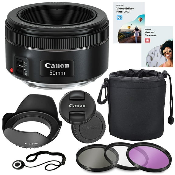 Canon EF 50mm f/1.8 STM Lens Bundle   HD Filter Kit   Lens Cap Keeper   Tulip Lens Hood   Lens Pouch   5 in 2 Photo/Video Editing Software Package (11 Items)
