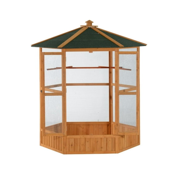 69" Large Wooden Bird Aviary, Hexagonal Outdoor Flight Cage with Roof - Brown