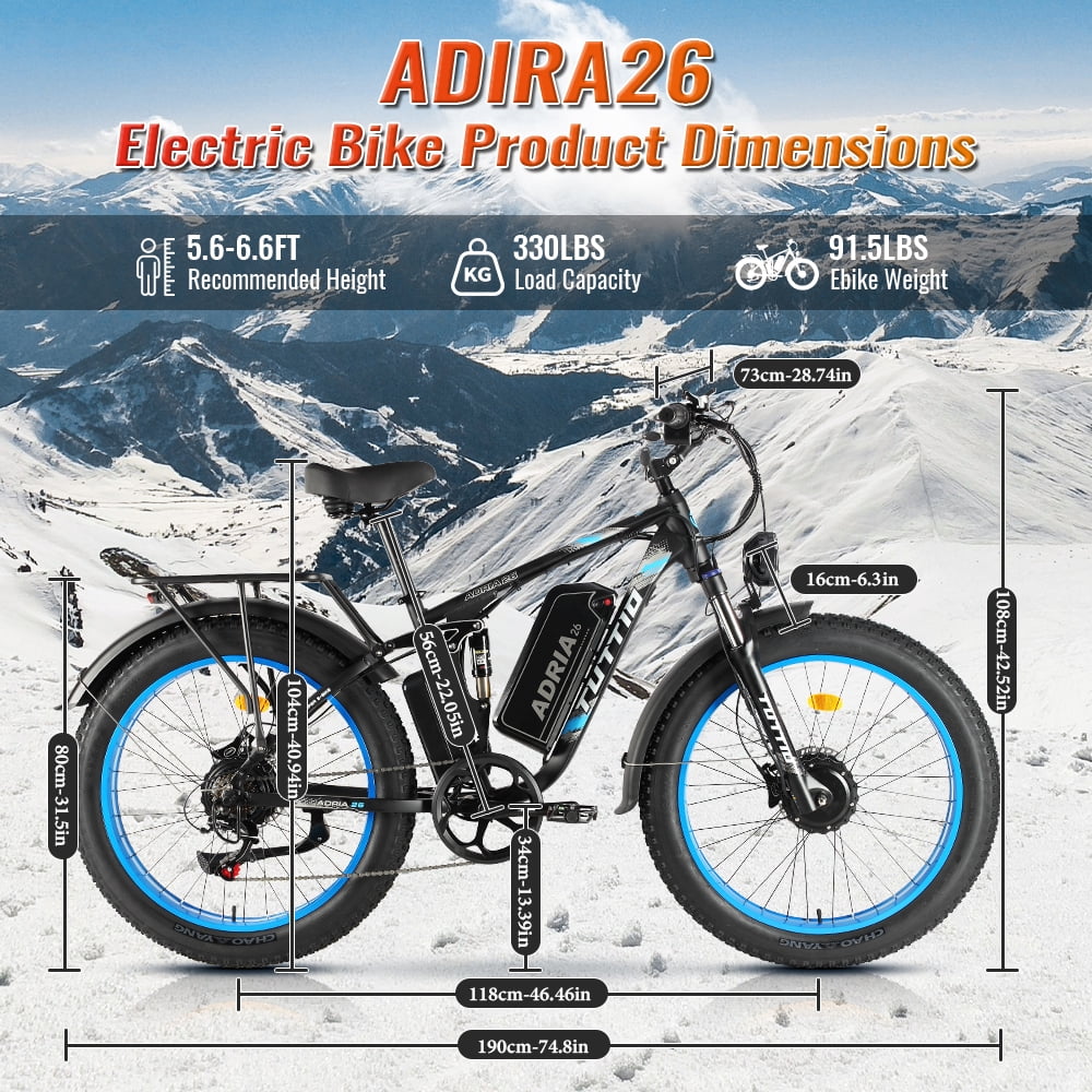 TUTTIO Dual Motor Electric Mountain Bike for Adults Teen, 26" Fat Tire Off-road E-Bike for All Terrain with 52V 25Ah Removable Battery, Max 46mph & Range 100miles, 210Nm High torque - UL 2849