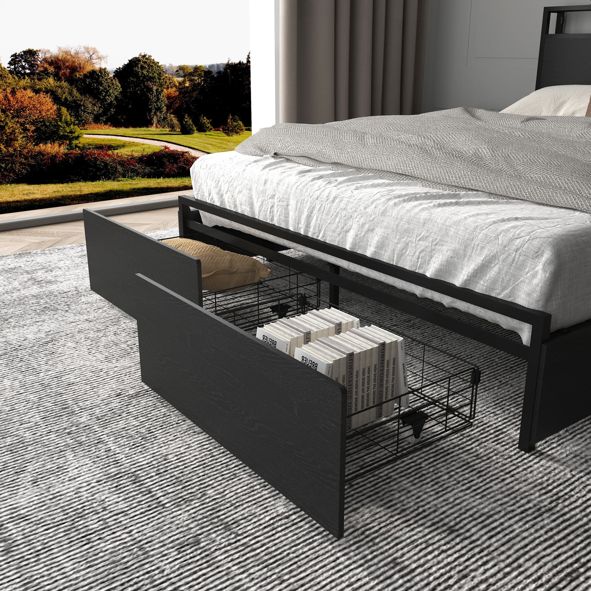 AENKYO Queen Size Bed Frame with LED Lights & 6 Drawers, Storage Headboard with Charging Station, Noise Free, Black