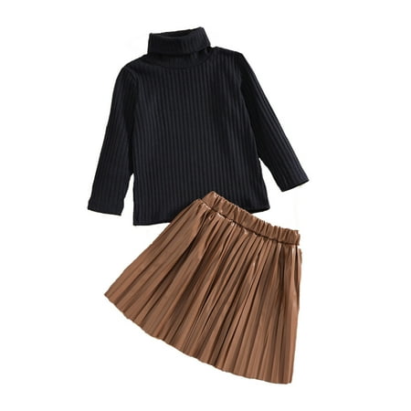 

Kids Toddler Baby Girls Autumn Winter Ribbed Cotton Long Sleeve High Collar Tops Skirts Set Clothes