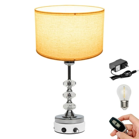 FSLiving Artistic Crystal-Acrylic Linen Table Lamp, Wireless Remote Dimmable Battery Operated, Chic Design for Living Room, End Table, Study