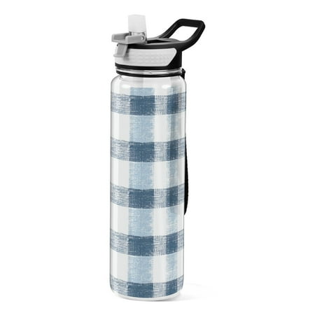 

32oz Transparent Sports Water Bottle with Straw BPA Free Tritan for Kids Adults Outdoor School Gym Fitness Blue and White Checkered