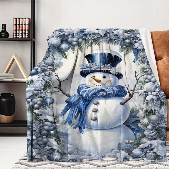 Christmas Snowman Print Flannel Throw Blanket Modern Style Soft Comfortable All Season Knitted Blanket for Travel Camping Sofa Bed Office Home Decor Ideal Birthday Gift for Boys and Girls