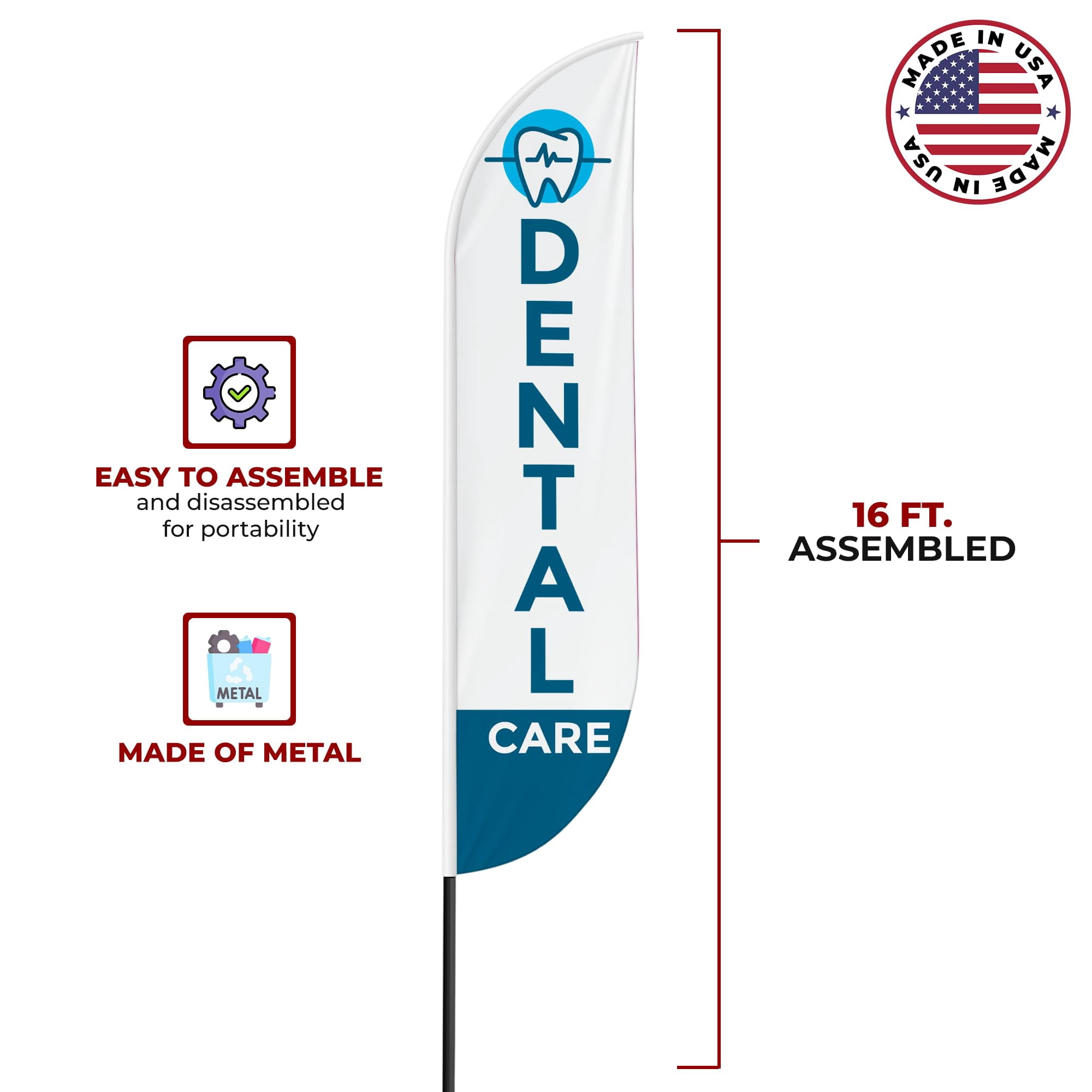 Dental Care Sign feather flag Pole kit for Outdoor by Mavis | 15 FEET Tall Polyester Banner Flag Pole Mount with Cover | HD Print Swooper Flags to Promote Medicine | Made in USA