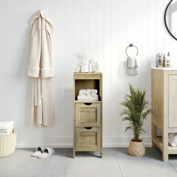 BizChair Farmhouse Bathroom Storage Organizer with Two Removable Drawers and Open Display Shelf in Brown