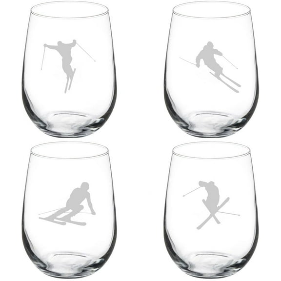 Set of 4 Wine Glass Gift Ski Skier Collection (17 oz Stemless)