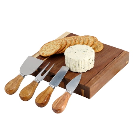 Elama Acacia Wood 5 Piece Square Cheese Board with Knife Set