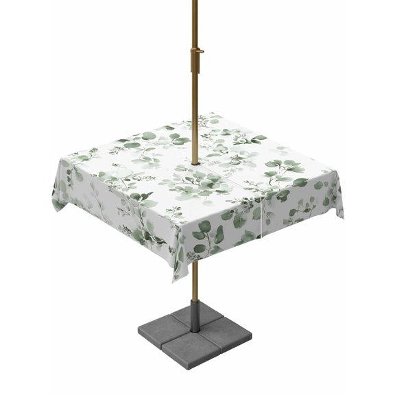 Outdoor Tablecloth with Umbrella Hole, Ombre Sage Green Botanical Zippered Table Cloth for Rectangle Tables, Pastoral Watercolor Leaves Washable Waterproof Tablecloths for Picnic Patio Garden