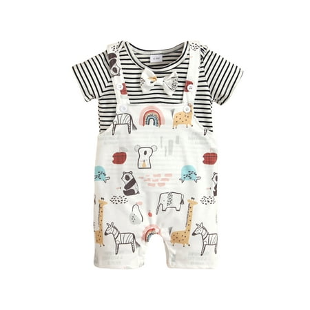 

Suanret Infant Baby Boys Girls Casual Suit Short Sleeve Stripe Tops + Cartoon Animal Printed Suspender Pants White 6-9 Months