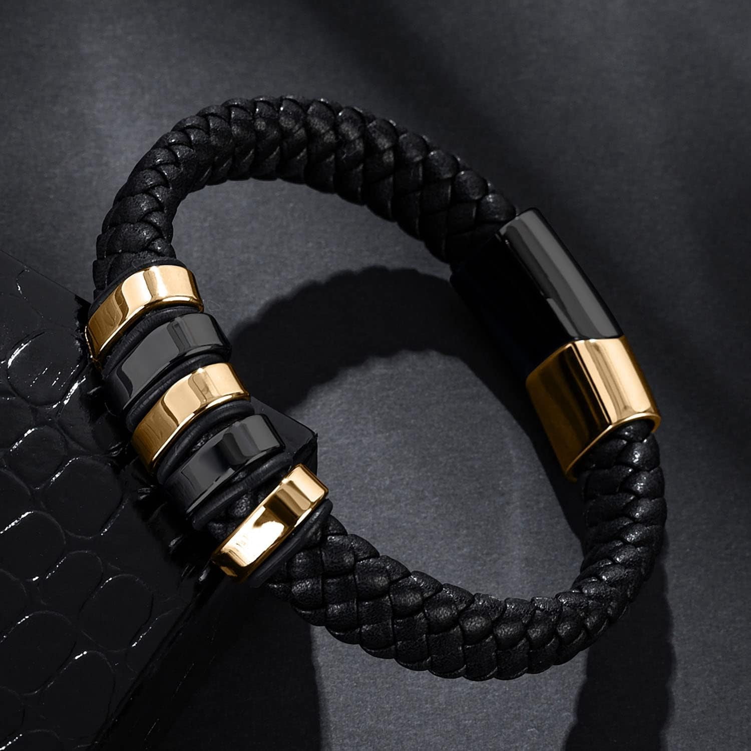 Leather Bracelet for Men Braided Cuff Wristband Stainless Steel Clasp in Silver and Gold Jewellery Gift