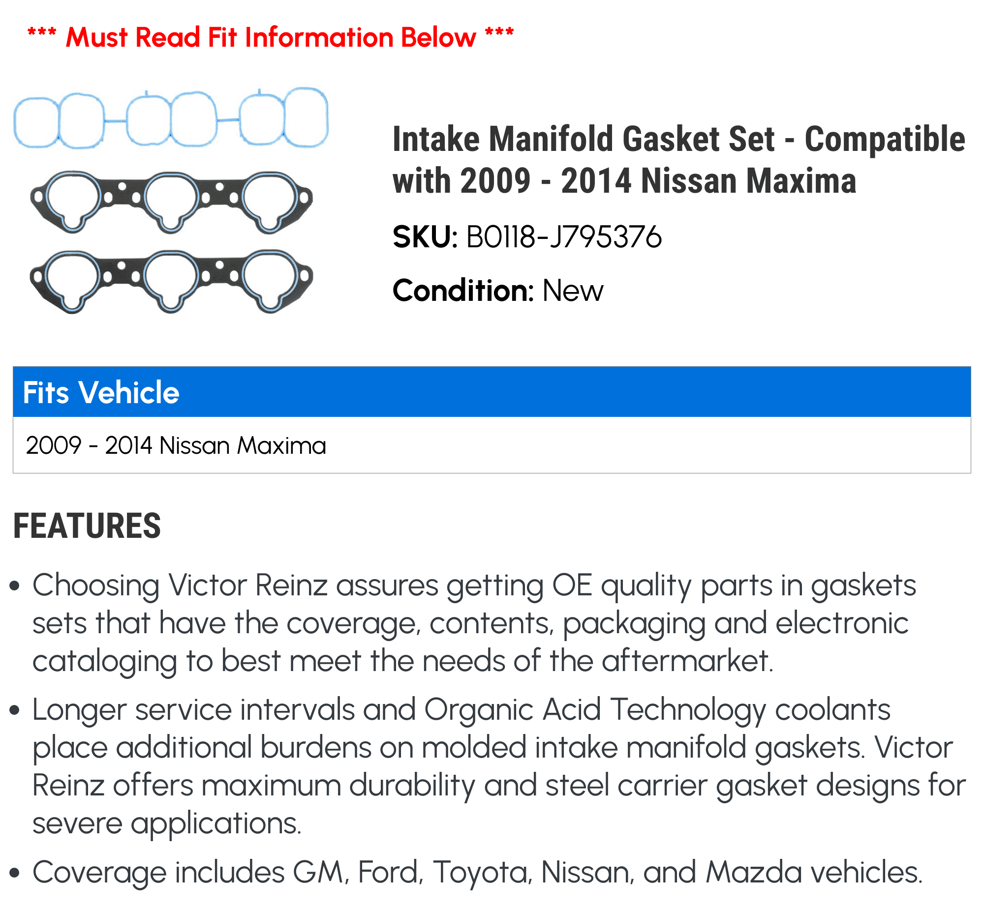 Intake Manifold Gasket Set - Compatible with 2009 - 2014 Nissan Maxima 2010 2011 2012 2013