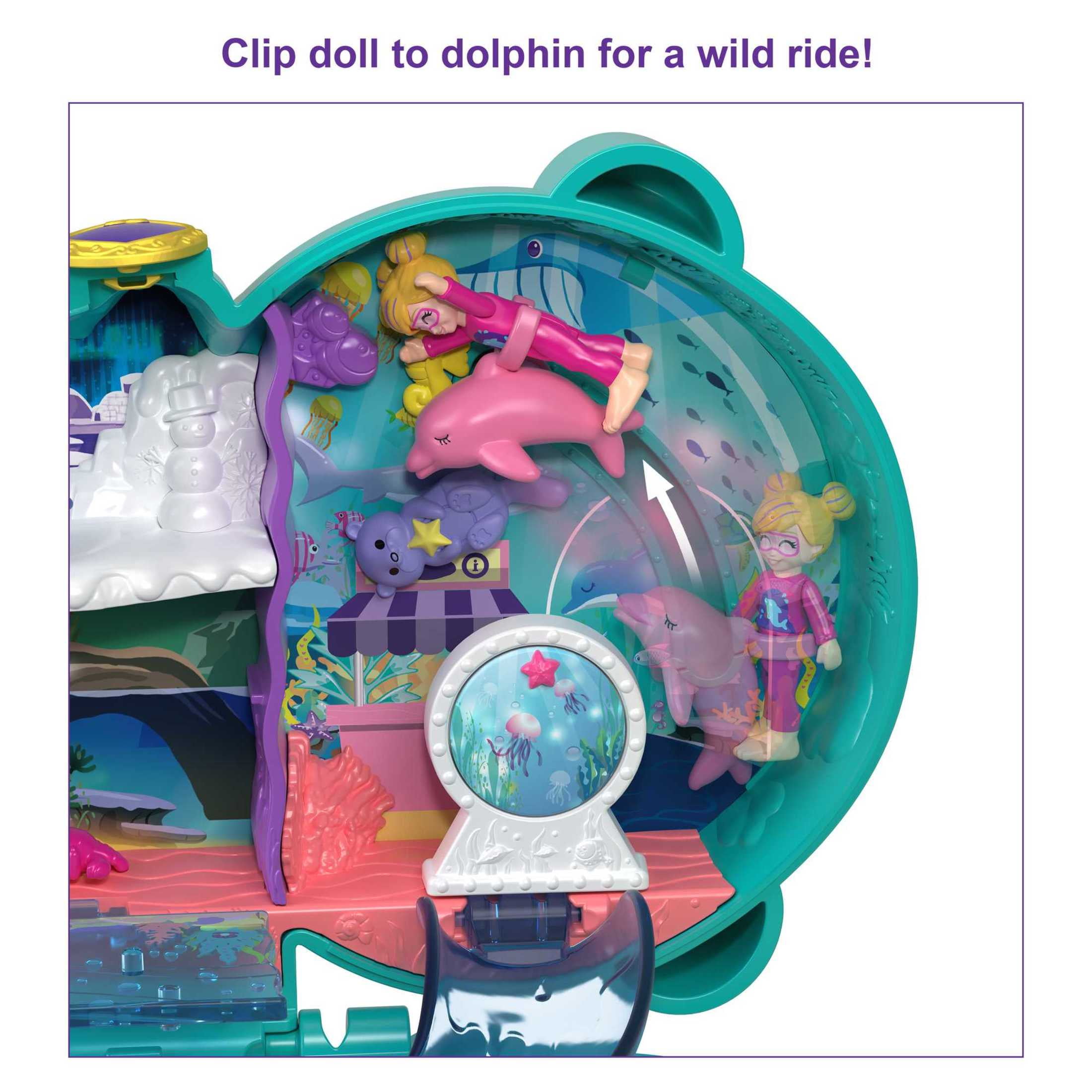 Polly Pocket Otter Aquarium Compact Playset with 2 Micro Dolls & Accessories, Travel Toys