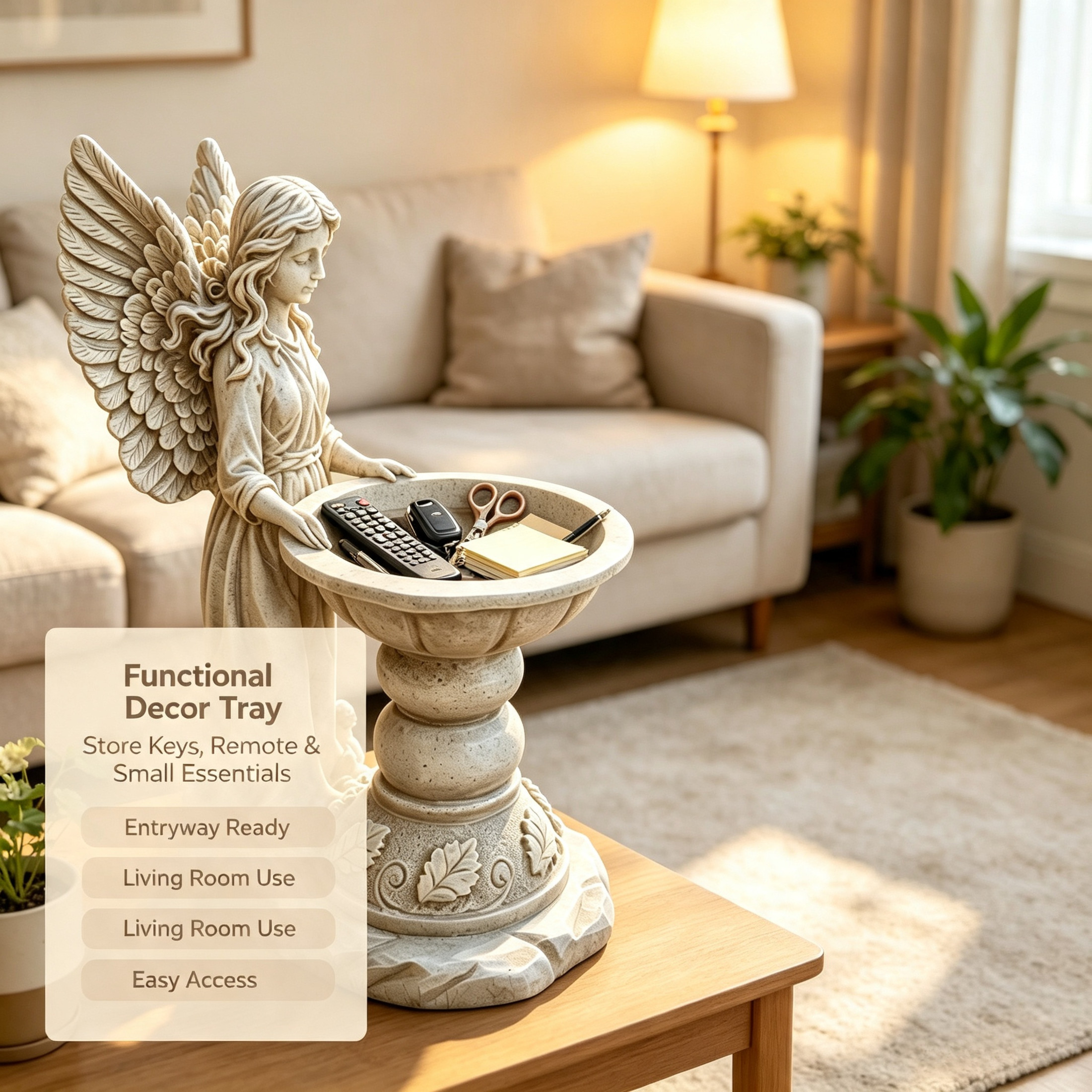 GDF Studio Angel Bird Bath Garden Statue, Vintage Off-White Resin Sculpture Figurine with Bowl, Outdoor Yard Lawn Decor