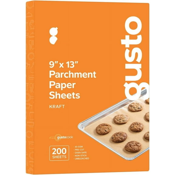 GUSTO 9x13in Kraft Unbleached Parchment Paper Sheets Baking Supplies, 200-Pack