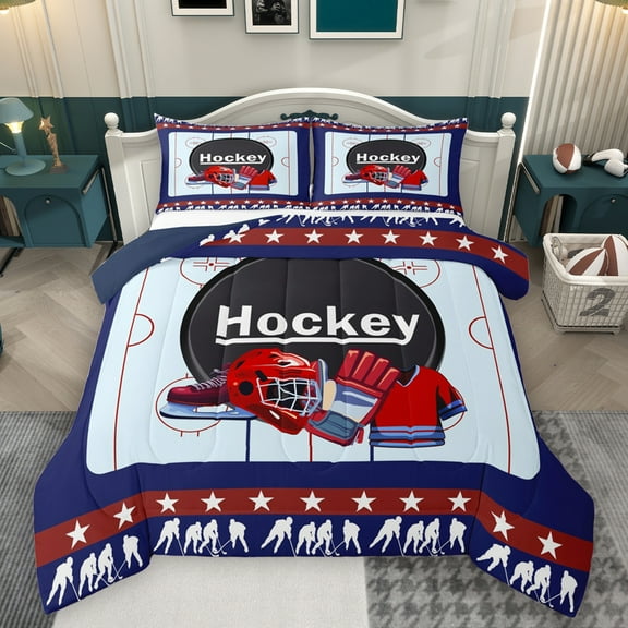 Homewish Hockey Helmet Bedding Comforter Set,Ball Sport Game Twin Comforter Sets,Blue Red Bedding Set For Boys Kids,Super Cozy Room Decor Reversible,2 Pieces