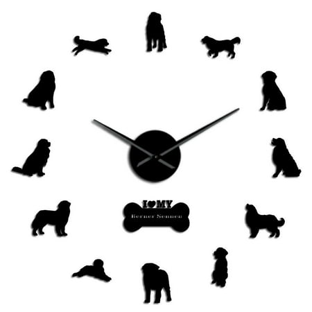 Berner Sennen Dog Breed Long Hands Wall Clock Bernese Mountain Dog Berner Sennenhund 3D Mirror Effect Pet Design DIY Wall Clock(Black,27inch)
