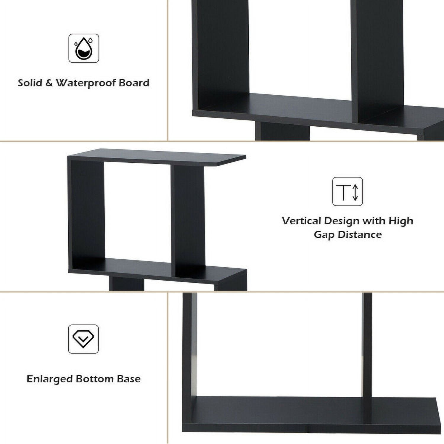 Demi Bonn 2 Tiers Wooden S-Shaped Bookcase for Living Room Bedroom Office, Freestanding Display Rack Bookshelf, Black