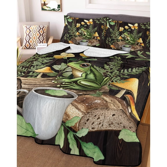 Green Frog Twin Size Down Alternative Comforter, Lightweight Comforter Quilt Bedding Set with Pillow Shams Butterfly Plant Flowers Mushroom Coffee Brown All Seasons Bed Comforter Duvet Insert 68"x86"