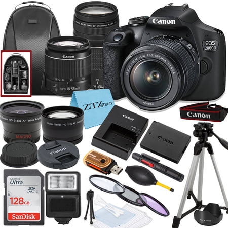 Canon EOS 2000D / Rebel T7 DSLR Camera with 18-55mm  75-300mm Lens  SanDisk 128GB  Backpack and ZeeTech Accessory