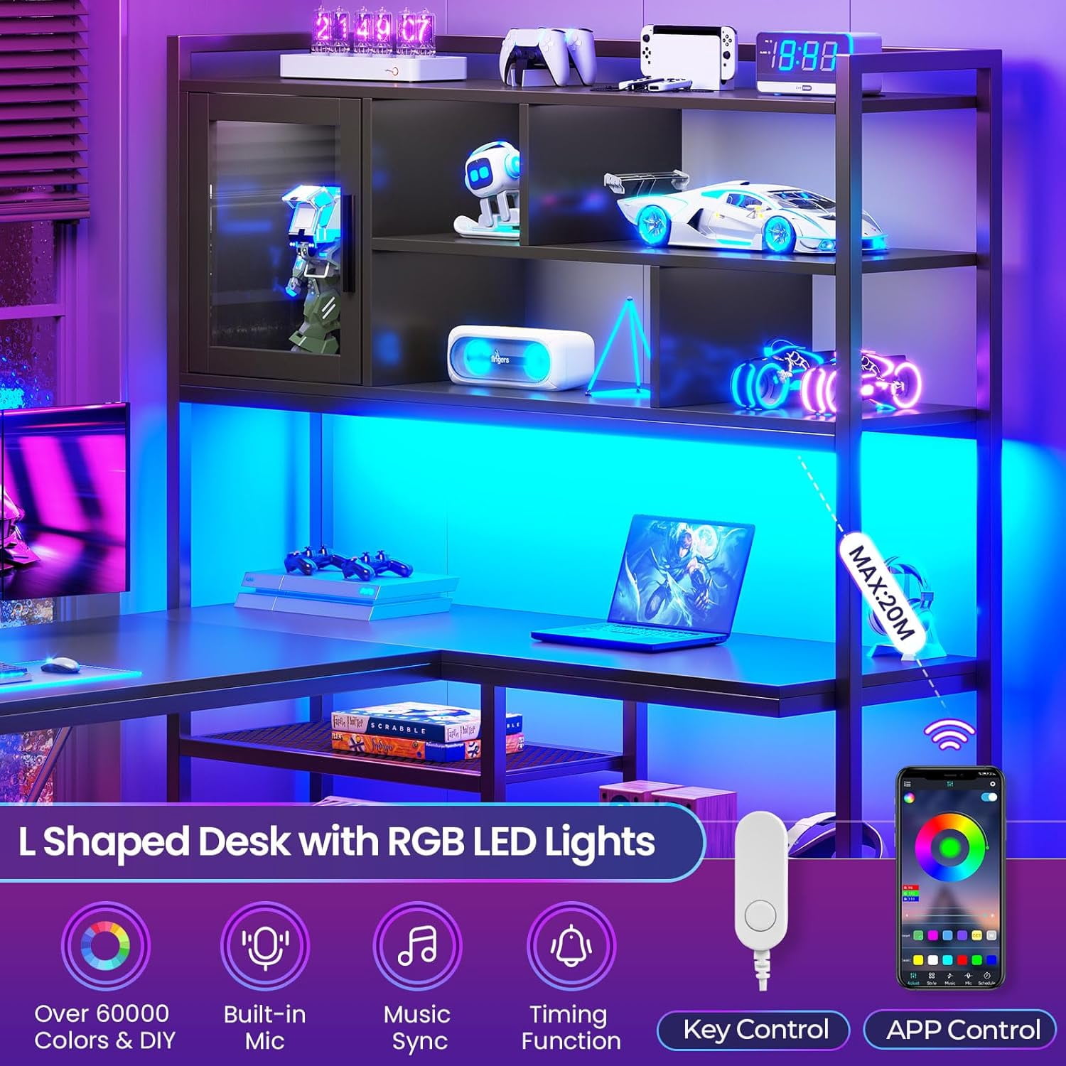 Reversible Gaming Desk with LED Lights & Hutch, L Shaped Computer Desk with 7-Tier Storage Shelves & Glass Cabinet, Black