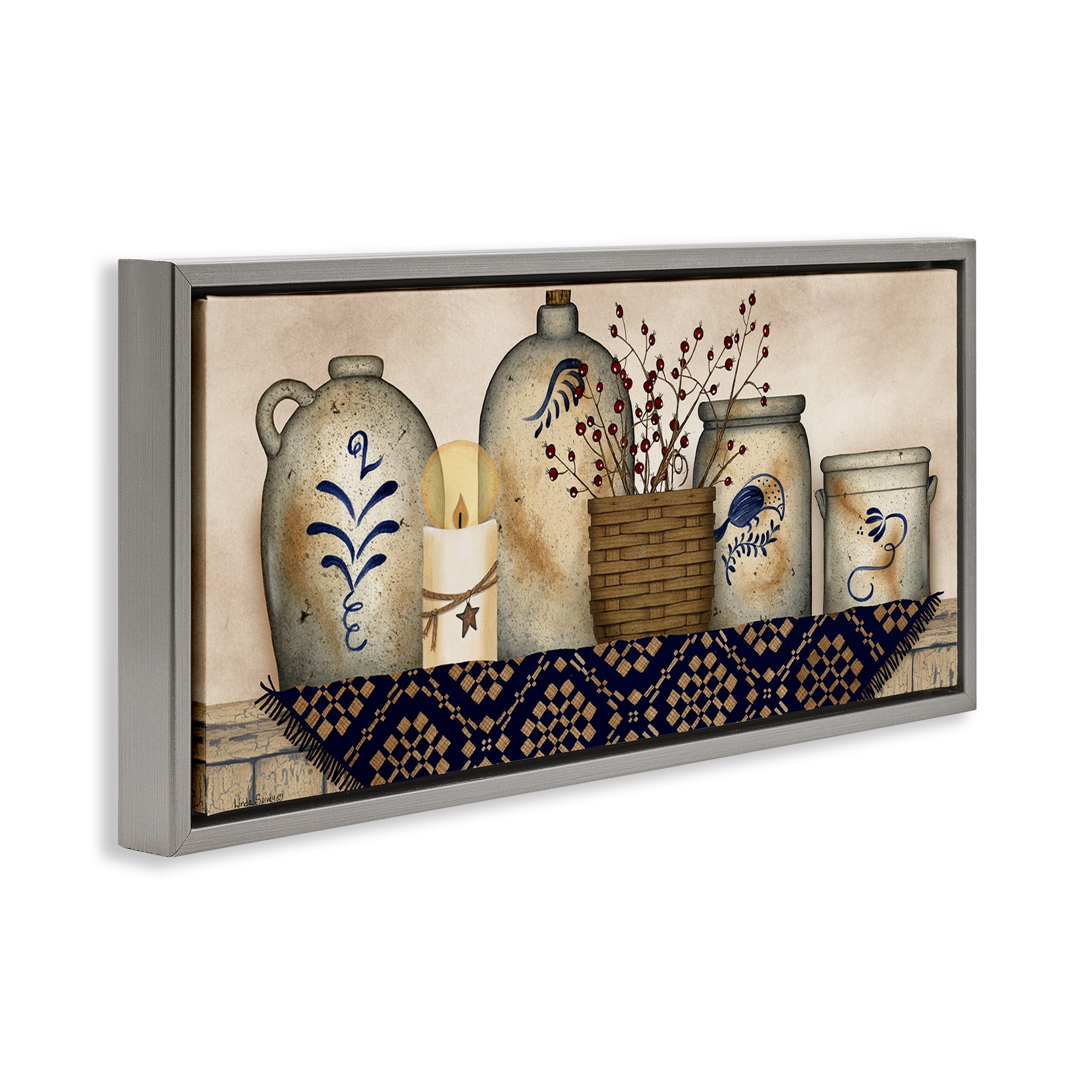Stupell Industries Rustic Kitchen Jars Botanical & Floral Painting Gray Floater Framed Canvas Art Print Wall Art, 25 x 11