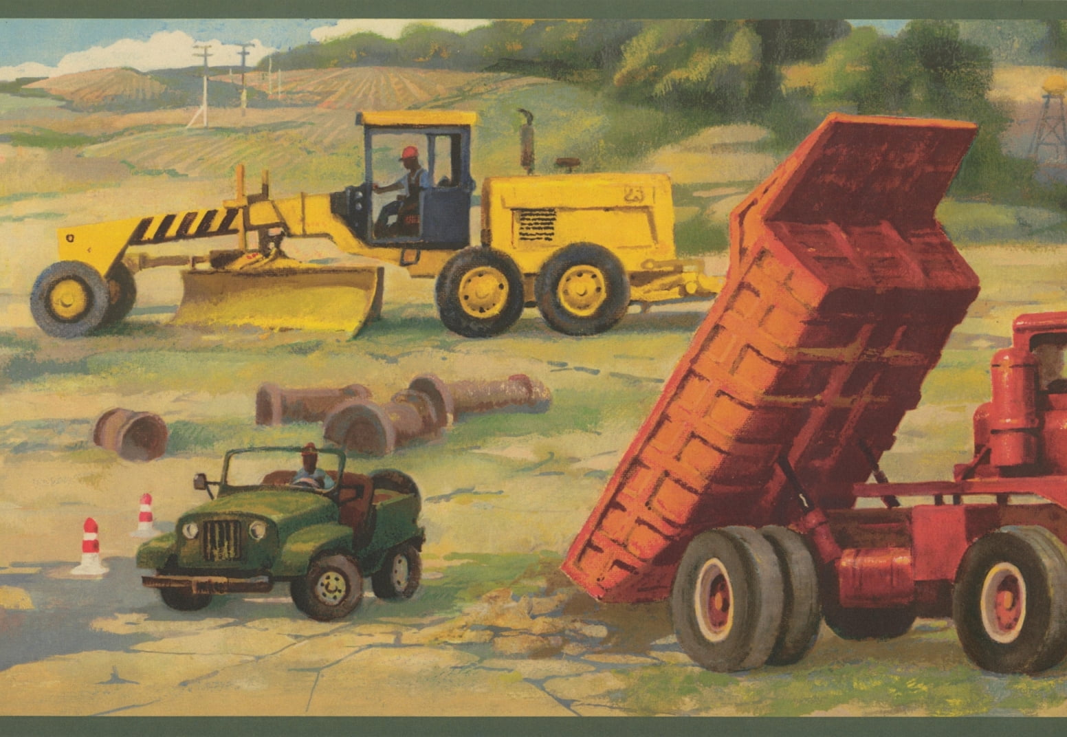 Wallpaper Border - Construction Site Truck Bulldozer Kids Wall Border Retro Design, Roll 15 ft X