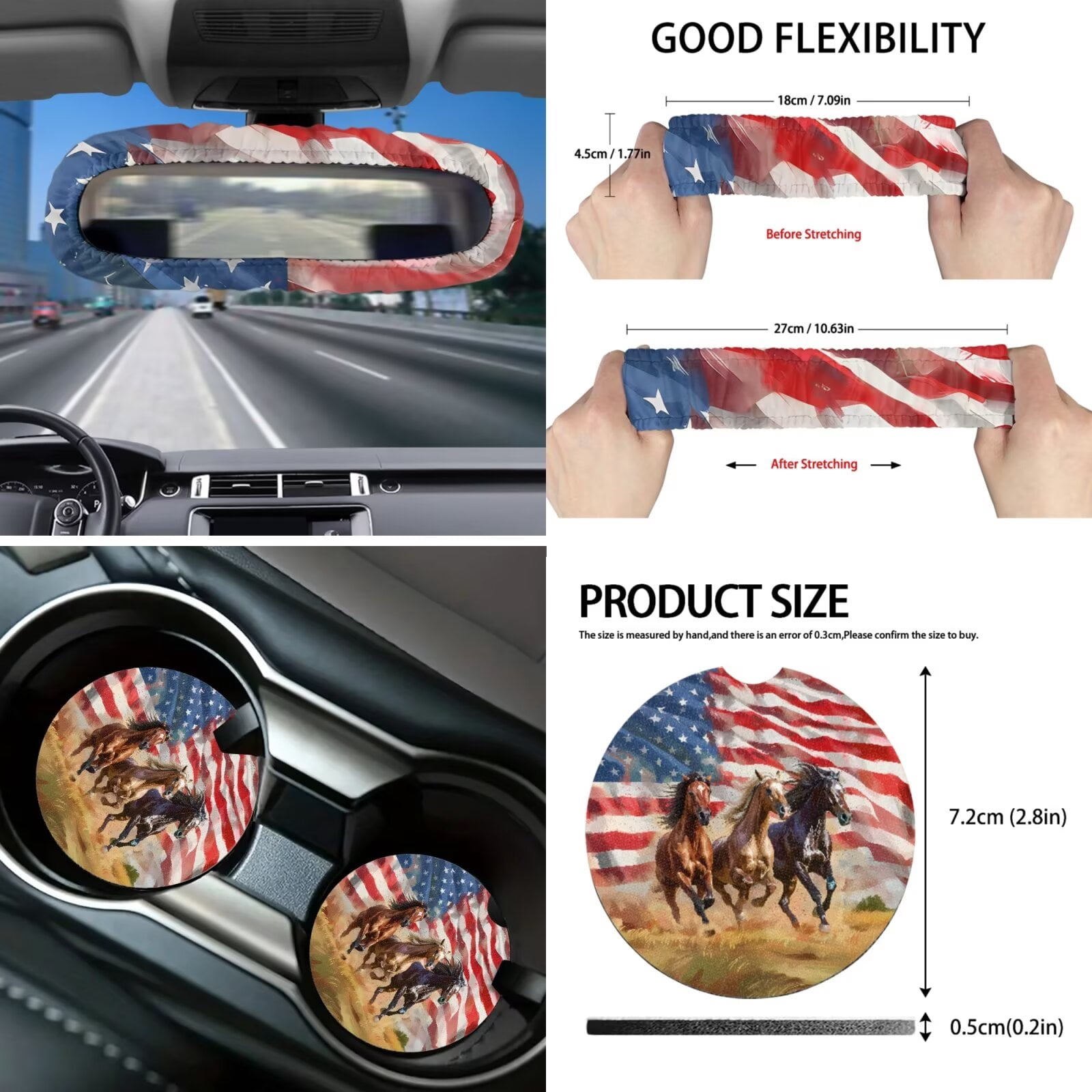 Garronmavis American Flag Running Horse Car Seat Cover Full Set 16 Pieces Car Seat Belt Covers Keychain Holder Gear Shifting Knob Cup Mats Windshield Sun Shade