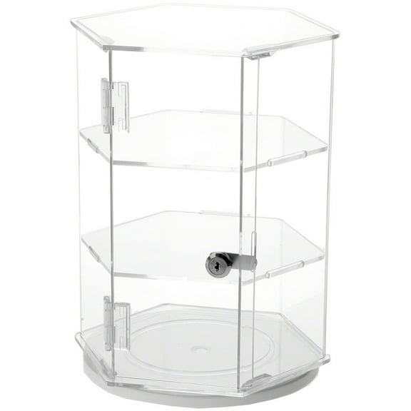 Plymor Clear Acrylic Hexagonal Locking Display Case, Rotating Base, 2 Shelves, 12.75" H x 9.5" W x 8.25" D