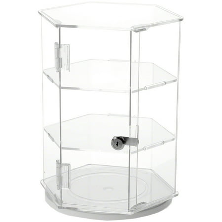 Plymor Clear Acrylic Hexagonal Locking Display Case, Rotating Base, 2 Shelves, 12.75" H x 9.5" W x 8.25" D