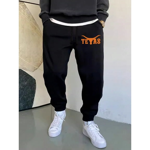 Men's Texas Logo Print Sweatpants - Loose Fit Elastic Waist Tapered Joggers Suitable for Winter, Gym, Training & Daily Wear - Brand-Recognizable Casual Athletic Pants (Machine Washable)