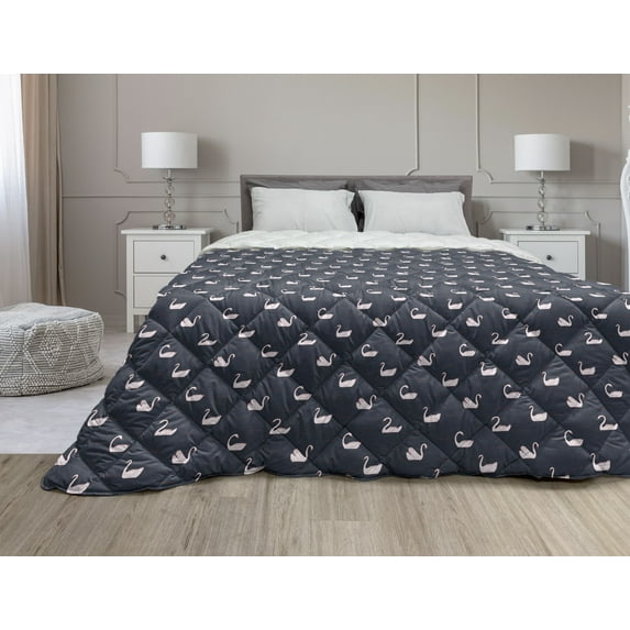 Swan Down Alternative Comforter, Doodle Style Pastel Color Swan Cartoones Girly Style, Microfiber Quilt for All Season, 5 Sizes, Peach Marigold Black, by Ambesonne