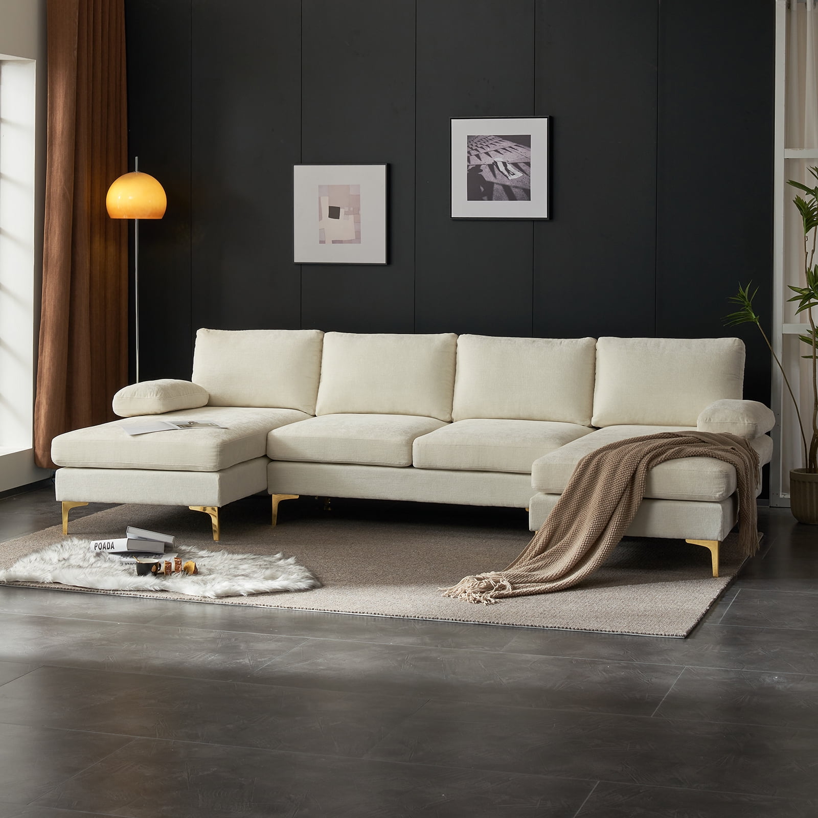 Ktaxon Sectional Sofa Set, 110" U-Shaped Chenille Couch, 4 Seat Lounge Sleeper with Double Chaise for Living Room Beige