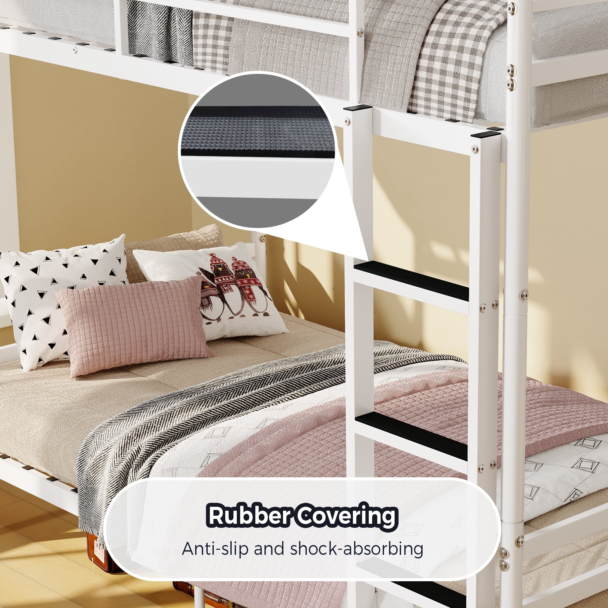 Leumius Metal Bunk Bed Twin Over Twin with Safety Guardraild & Ladder,Sturdy and Durable,No Spring Mattress Required,White