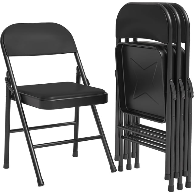 Bingirl 4-Pack Padded Folding Chairs: Portable, Stackable, and Foldable with Soft Padded Cushion and Back, Commercial Seat with Metal Frame for Office, Wedding, Dining, and Outdoor Use, Black