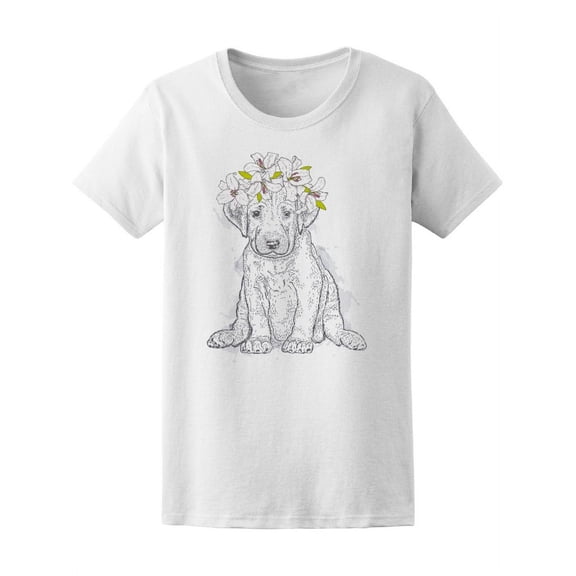 Cute Puppy Dog Floral Wreath T-Shirt Women -Image by Shutterstock, Female XX-Large