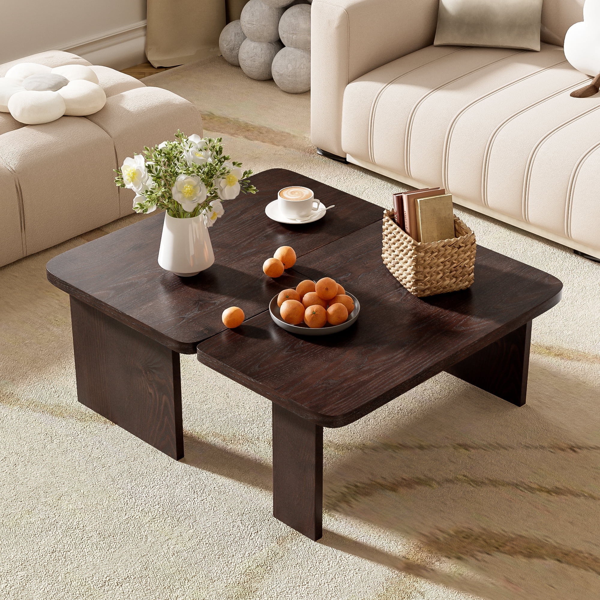Euroco Modular Coffee Table Set of 2 – Freely Configurable Wood Grain MDF Tables with Modern Design, Compact Side Table Option