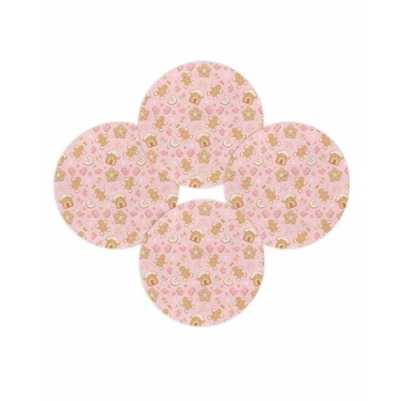 Christmas Round Placemats Set of 4 Gingerbread Man Snowflake Place Mats Washable Woven Placemat Glove Candy Cane Pink Circle Braided Table Mat for Kitchen Dining Table Party Home Decor 15 Inch
