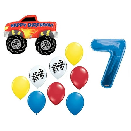 Monster Truck 7th Happy Birthday Party Supplies 10 Piece Balloon Bouquet Decorations Set