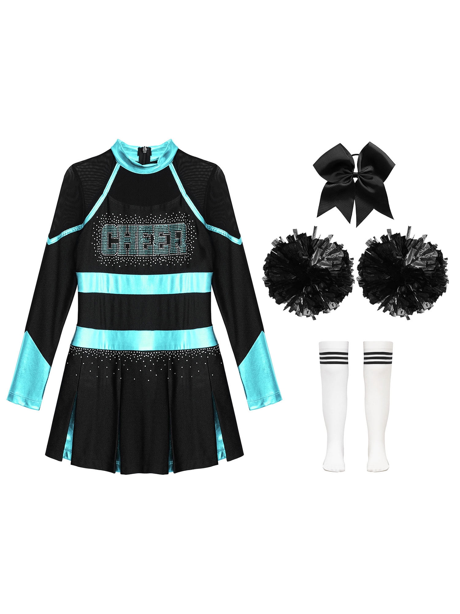 Haitryli Kids Girls Long Sleeve Cheerleading Dance Dress and Headwear Pom Pom Socks Halloween Cheer Leader Performance Outfits Blue Green&White 10