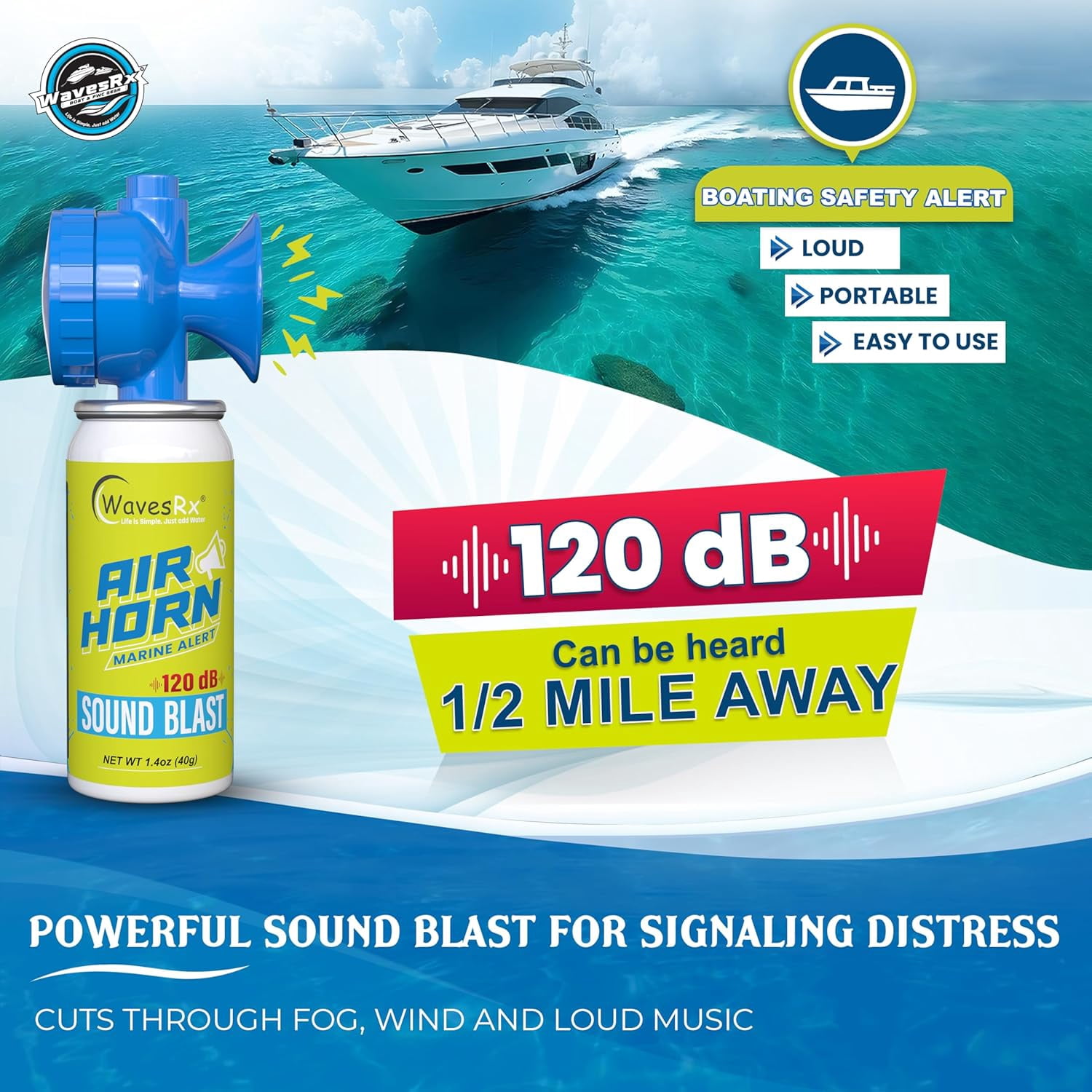 WavesRx Marine Air Horn – Coast Guard Approved Boat Horn for Safety & Fog Alerts | Loud 120 dB Sound Blast Reaches ½ Mile