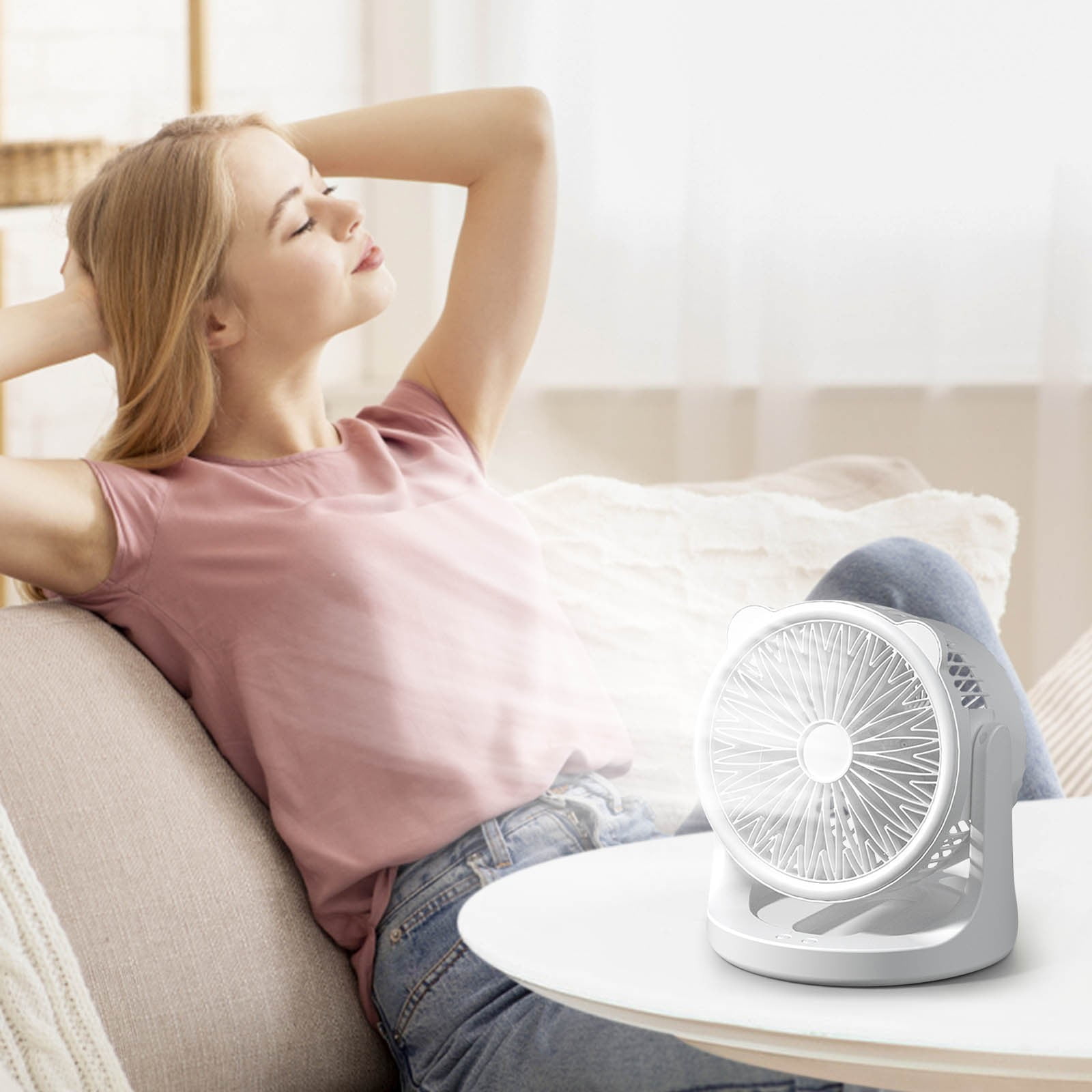 LSLJS USB Desk Fan, 9" Portable Desktop Table Fan with LED Lights, 180°Rotatable 3 Speeds Strong Airflow Quiet Operation Cooling Fan, Hanging/Standing Small Personal Fan for Home Office Bedroom Car